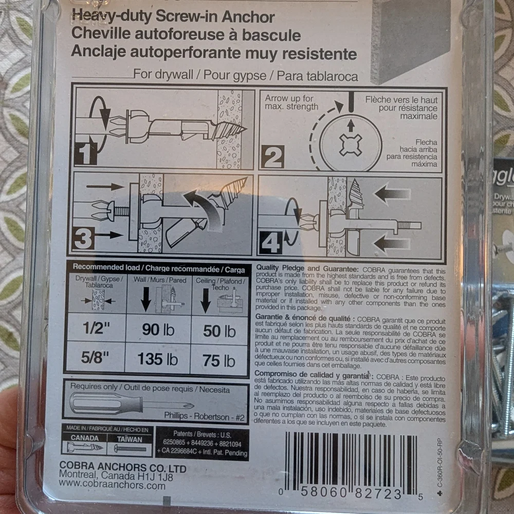 Three Packages Of Cobra DrillerToggle Anchors with Screws